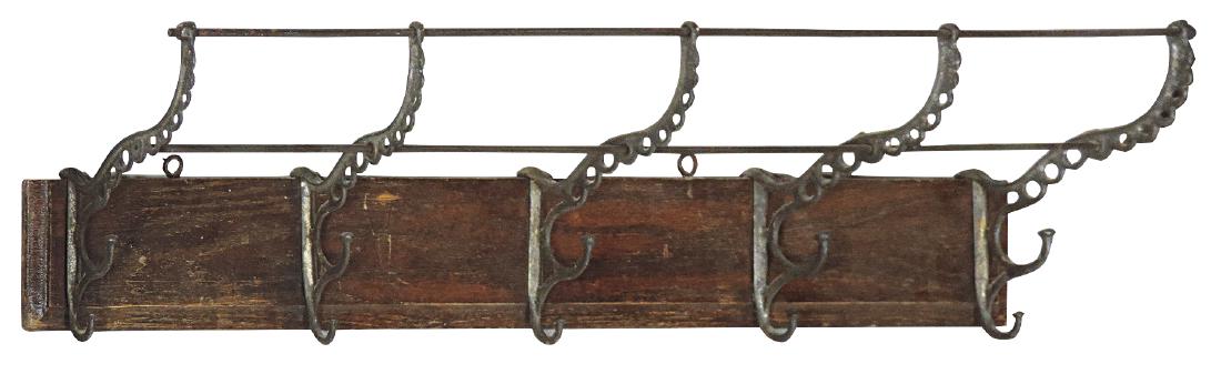 Furniture, hat & coat rack, 5 fancy cast metal hooks on: Furniture, hat & coat rack, 5 fancy cast metal hooks on oak board, early 1900's, Exc cond w/orig surface, 7"H x 31"W.