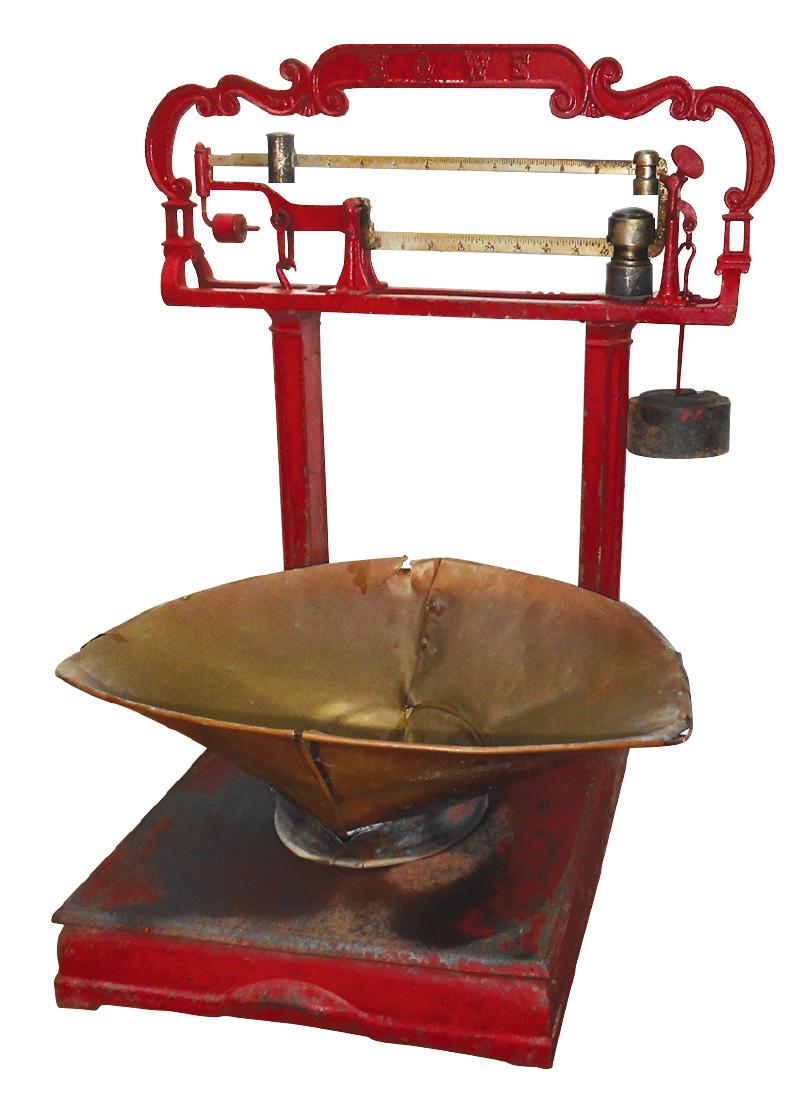 Hardware store scale, Howe, cast iron, steel & brass,: Hardware store scale, Howe, cast iron, steel & brass, weighs up to 50 lbs, includes weights & brass pan, Exc cond w/rough pan, 28.5"H x 24"W.