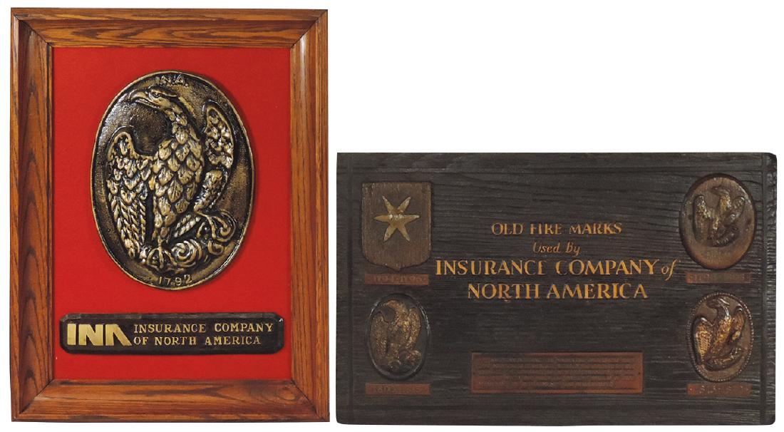Insurance signs (2), sign reads "Old Fire Marks Used By: Insurance signs (2), sign reads "Old Fire Marks Used By Insurance Company of North America", composition w/fire marks dated from 1805-1870, mfgd by The Burkhardt Co. & INA Insurance Company of North A