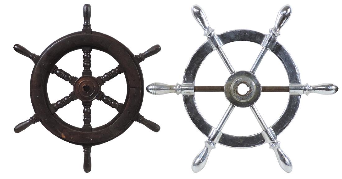 Nautical ship wheels (2), 6-spoke turned wood wheel &: Nautical ship wheels (2), 6-spoke turned wood wheel & cast metal w/nickel plating, both Exc cond, 20" & 23"Dia.