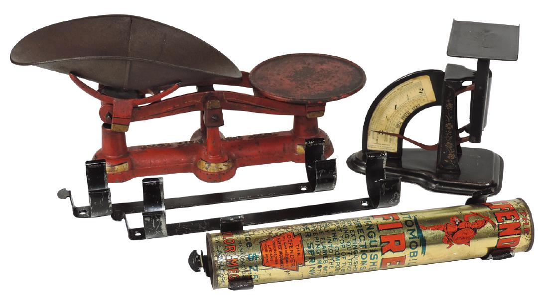 Scales, fire extinguisher & holders (6), cast iron: Scales, fire extinguisher & holders (6), cast iron scale marked "Standard", orig paint, VG cond, Ideal Postal Scale, orig to Airlie, MN Post Office, metal w/orig paint & stenciling, Exc cond & Defende