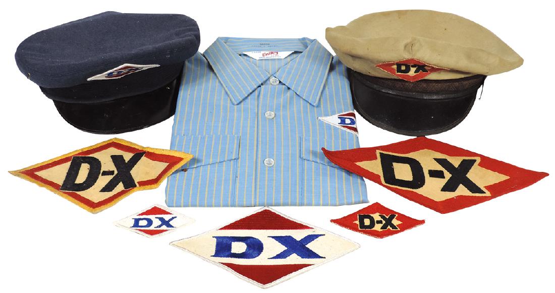 Petroliana clothing (8), all D-X, 2 service station: Petroliana clothing (8), all D-X, 2 service station caps, NOS Unitog D-X shirt (large) & 5 D-X clothing badges, blue hat has loose bill & band & tan hat shows soil, rest in Exc cond.