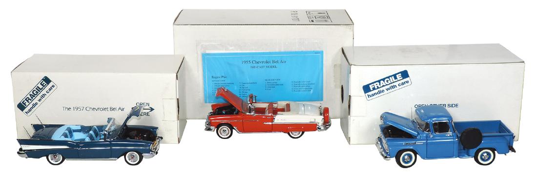 Automotive precision models (3), 1955 Chevrolet Bel: Automotive precision models (3), 1955 Chevrolet Bel Air, 1957 Chevrolet Bel Air & 1958 Chevrolet Apache, Franklin & Danbury Mint, all 1:24 scale diecast in NOS Exc cond in orig boxes.