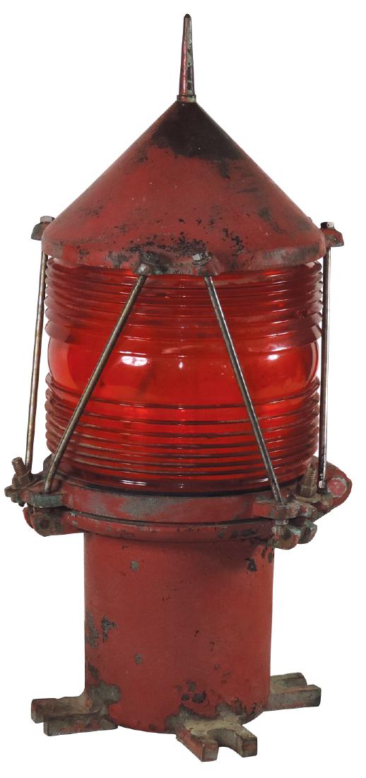 Nautical buoy signal light, cast iron w/ribbed red: Nautical buoy signal light, cast iron w/ribbed red glass insert & cond-shaped top, unmarked, electric, VG cond w/some chipped ribs, 23"H x 10"Dia.