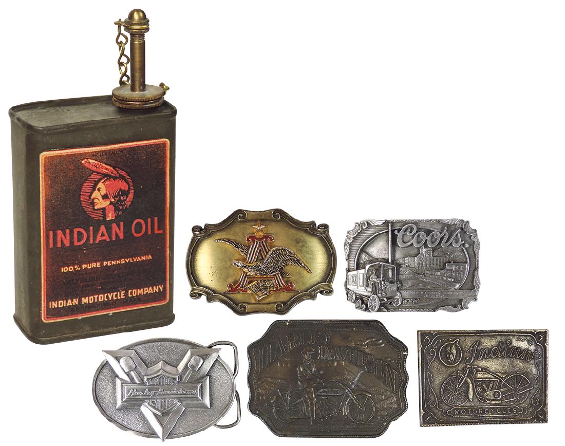 Harley-Davidson, Indian, Anheuser-Busch & Coors belt: Harley-Davidson, Indian, Anheuser-Busch & Coors belt buckles (5) all c.1983-1990, all Exc cond w/nice detail, up to 3"H x 3.75"W & Indian Motorcycle Oil can, Exc cond w/replacement label, 6.75"H x 3"W