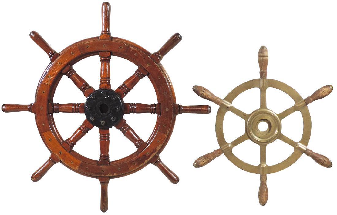 Nautical ship wheels (2), 8-spoke turned wood wheel &: Nautical ship wheels (2), 8-spoke turned wood wheel & 6-spoke brass w/turned wood handles, both Exc cond, 26" & 20"Dia.