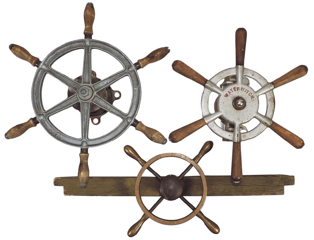 Nautical steering wheels (3), 2 cast aluminum w/wood: Nautical steering wheels (3), 2 cast aluminum w/wood handles & 1 brass, 1 marked "Waterwitch", all VG cond, 10.5" to 16"Dia.