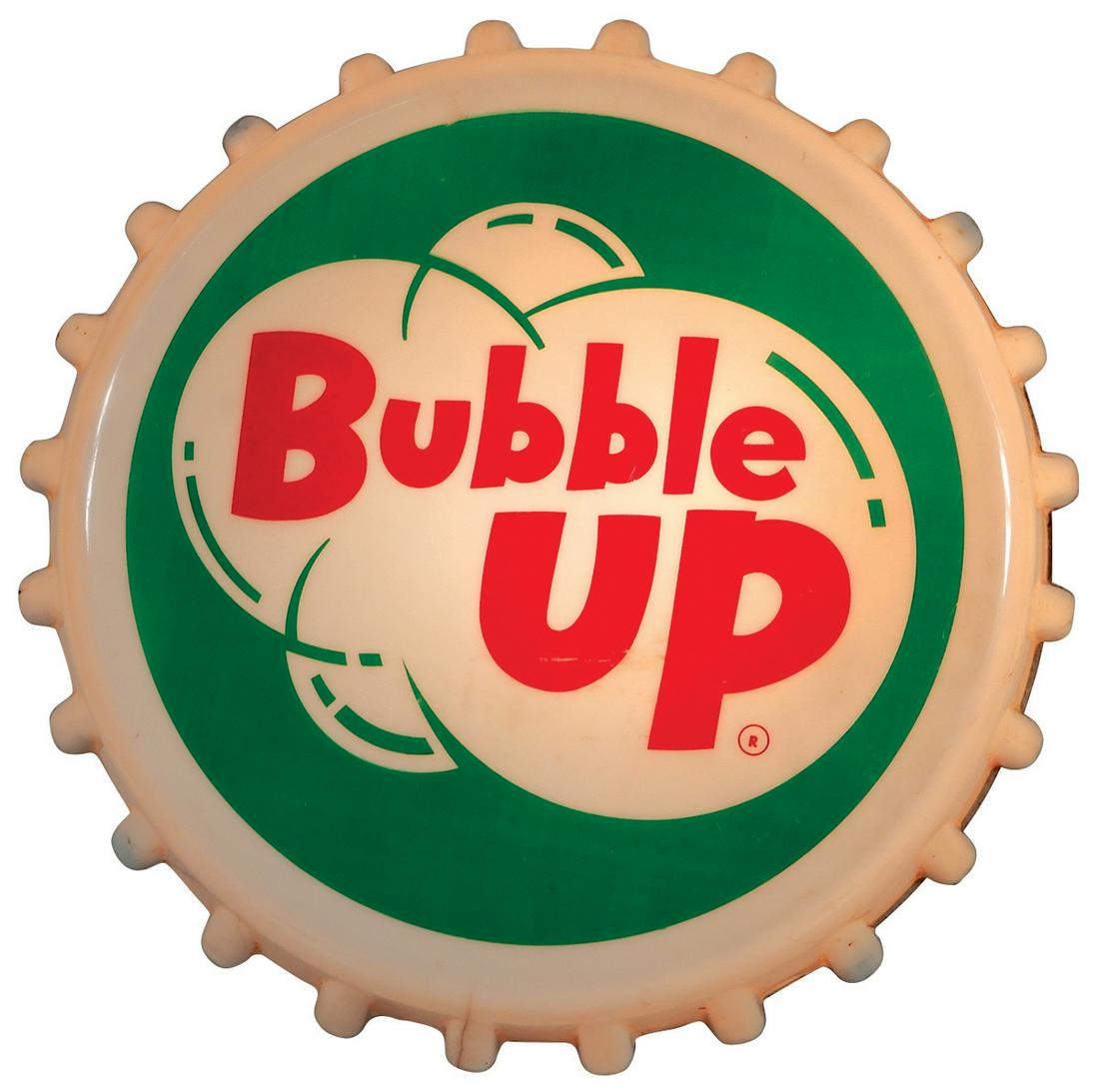 Soda fountain light-up sign, Bubble Up, plastic bottle: Soda fountain light-up sign, Bubble Up, plastic bottle cap face in metal case, mfgd by Tel-a-sign, Inc.-Chicago, VG working cond, 16"Dia.