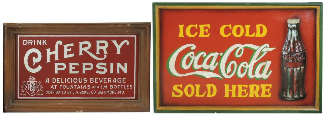 Soda fountain signs (2), Coca-Cola & Cherry Pepsin,: Soda fountain signs (2), Coca-Cola & Cherry Pepsin, both contemporary, wood & reverse-paint-on-glass, both Exc cond, 16"H x 24"W & 11.5"H x 19"W.