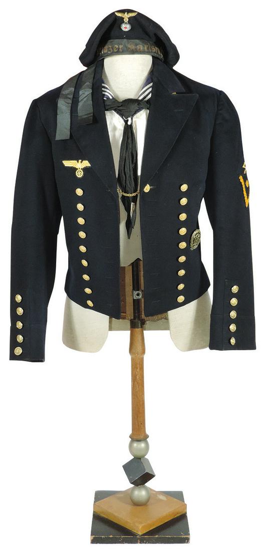 WWII German military jacket, Kriegsmarine (German Navy): WWII German military jacket, Kriegsmarine (German Navy) dress tunic, heavy blue wool w/silk lining, 28 gold gilt buttons & 2 add'l w/chain to fasten collar, embroidered gold bullion Kriegsmarine eagle