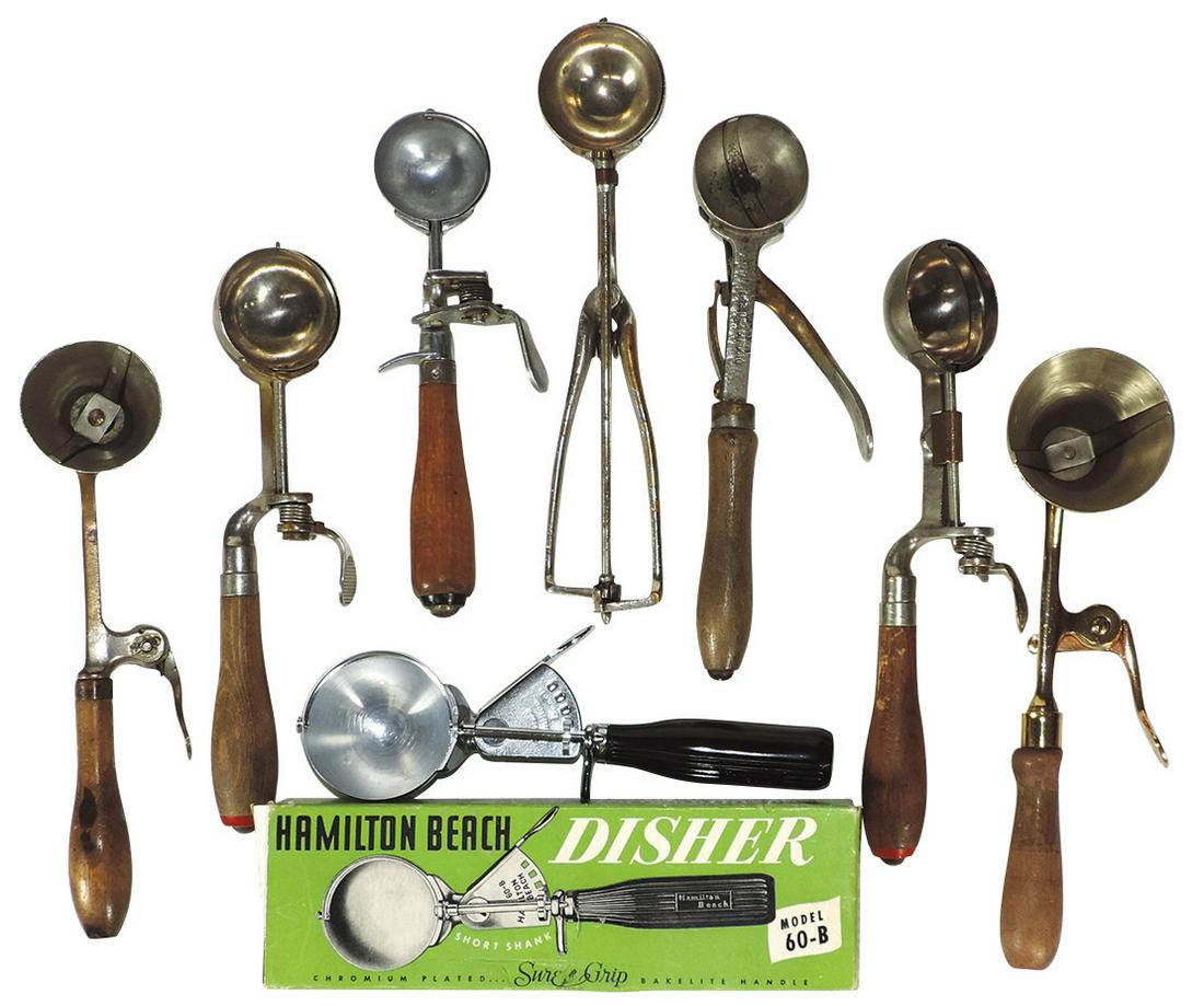 Ice cream scoops (8), 2 conical marked Quick & Easy &: Ice cream scoops (8), 2 conical marked Quick & Easy & Gilchrist #33, round bowls marked Indestructo #4, Indestructo #24, Indestructo #4, Indestructo #3, Gilchrist #39 & Hamilton Beach model 60-B in or