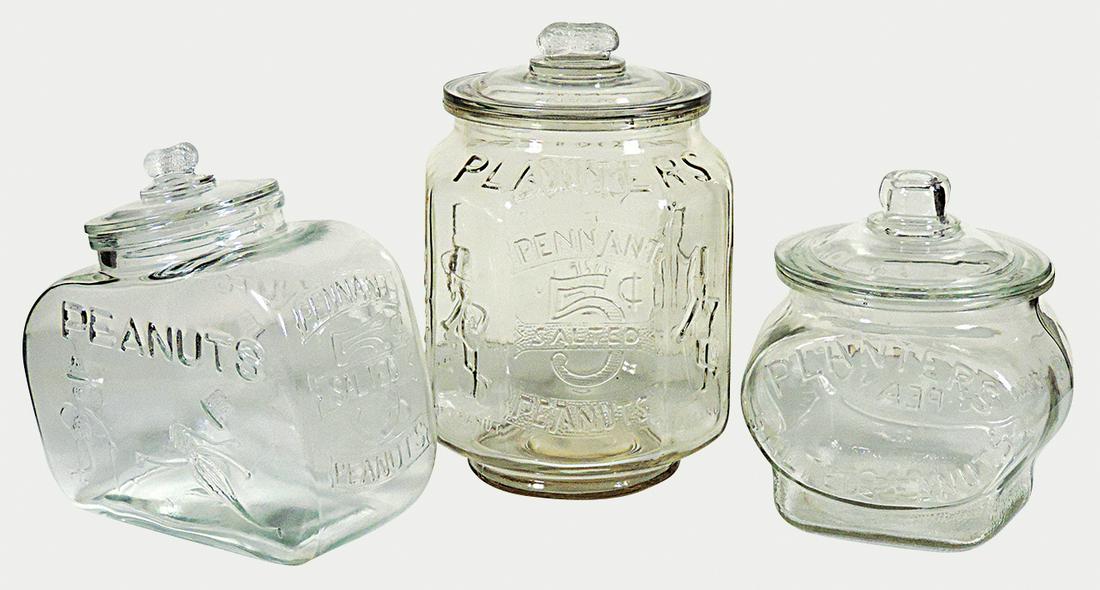 Country store peanut jars (3), all Planters, all: Country store peanut jars (3), all Planters, all embossed w/lids, very minor roughness on interior lip of largest jar, all Exc cond, 9" to 12.5"H.