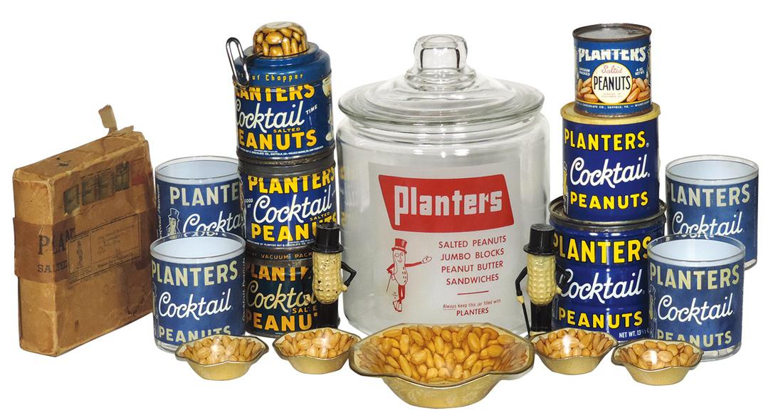 Country store Planters Peanut items (17), includes: Country store Planters Peanut items (18), includes counter jar w/thumbsized chip on jar lip, 4 tins, nut chopper, radio (non-working), 3 tumblers, plastic salt & pepper shakers & Planters Peanut nut d