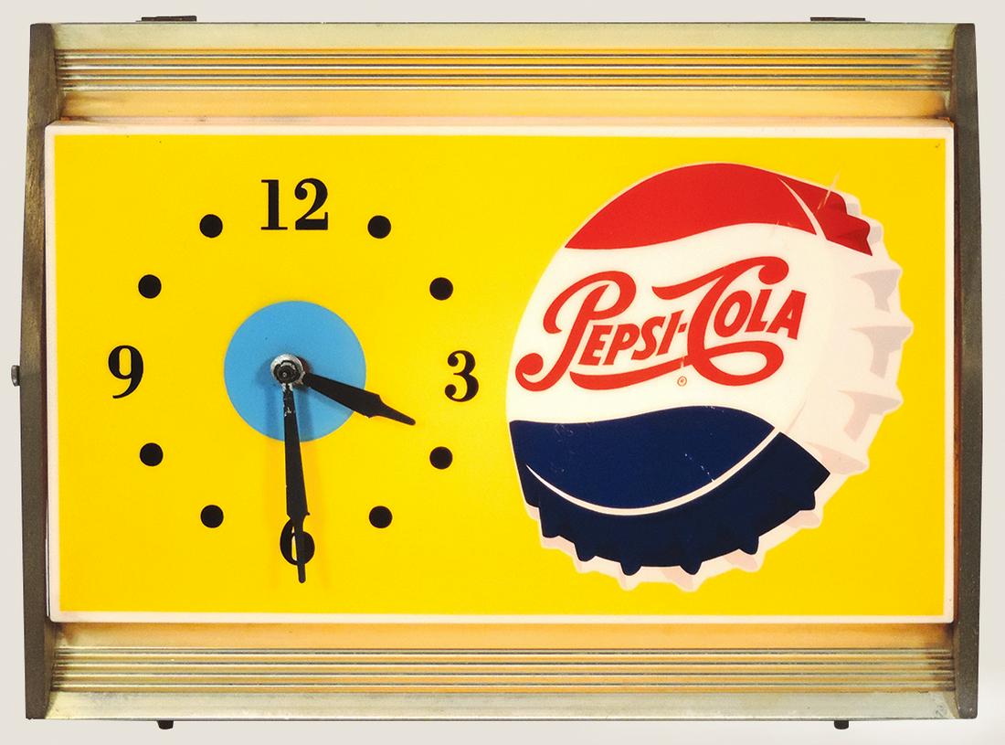 Pepsi-Cola clock, plastic face & metal case light-up,: Pepsi-Cola clock, plastic face & metal case light-up, by Tel-A-Sign-Chicago, IL, VG+ cond w/1" crack on top near back, lights up but clock doesnâ€™t work, 13"H x 17"W.