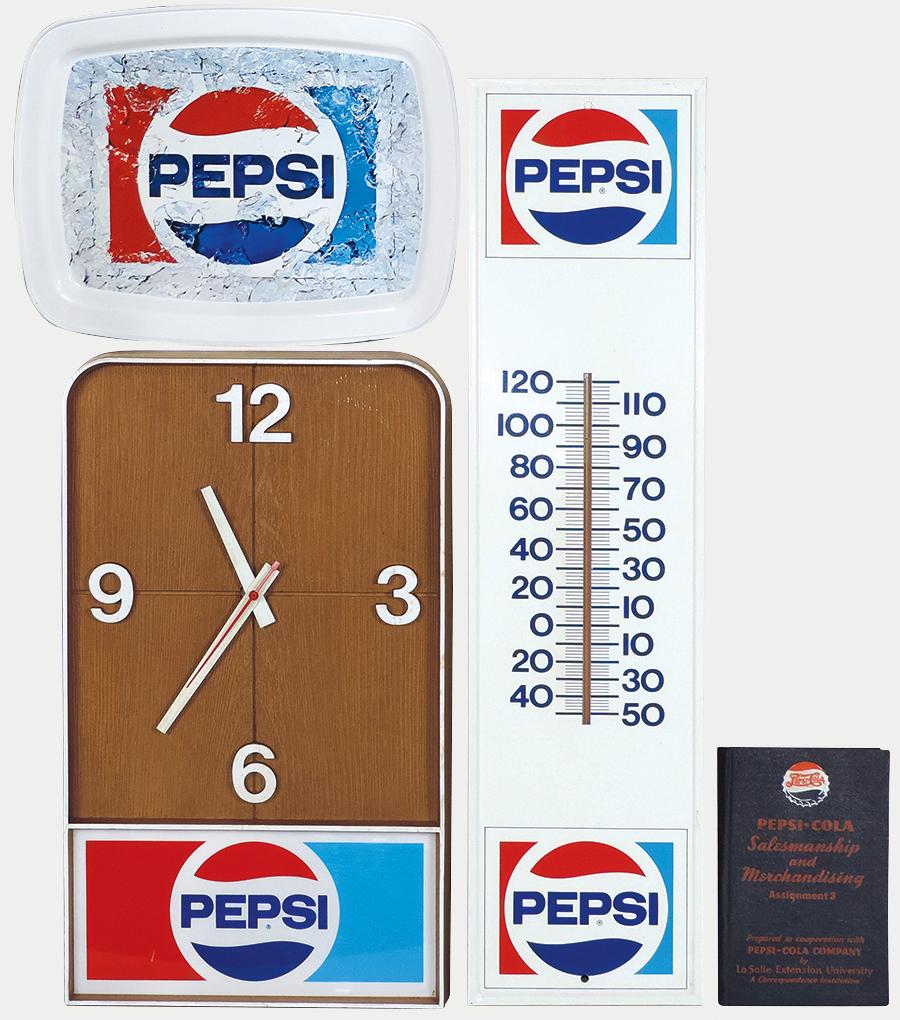 Pepsi-Cola items (4), plastic clock, serving tray,: Pepsi-Cola items (4), plastic clock, serving tray, thermometer (1984) & salesmanship instructional book, dated 1947, all Exc working cond, up to 28"H x 7.25"W.