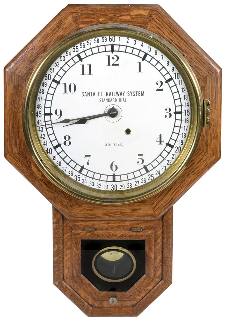 Railroad advertising clock, Santa Fe Railway System: Railroad advertising clock, Santa Fe Railway System Seth Thomas regulator, oak, from Chanute KS Station, Exc untested cond, 24"H x 16.5"W.