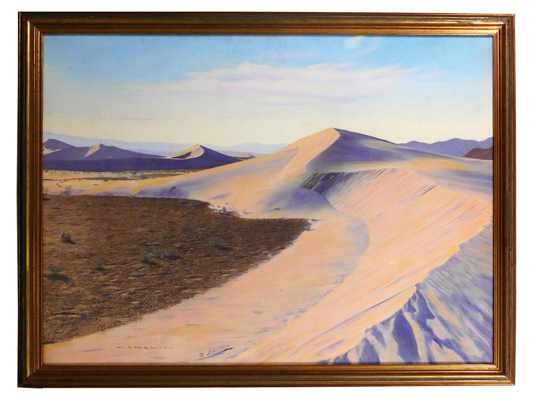 Railroad prints (2), 1 brass tag reads "Grand Canyon of: Railroad prints (2), 1 brass tag reads "Grand Canyon of Arizona on the Santa Fe", painting by Thomas Moran, N. A., dated 1912 & other titled "While The Wings and Sands are Resting", signed by Stephen