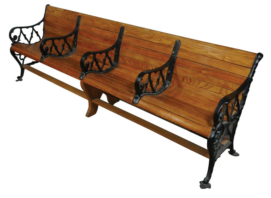 Railroad station bench, fancy cast iron & oak, four: Railroad station bench, fancy cast iron & oak, four seater, Exc cond & surface, 32"H x 95"W x 22"D.