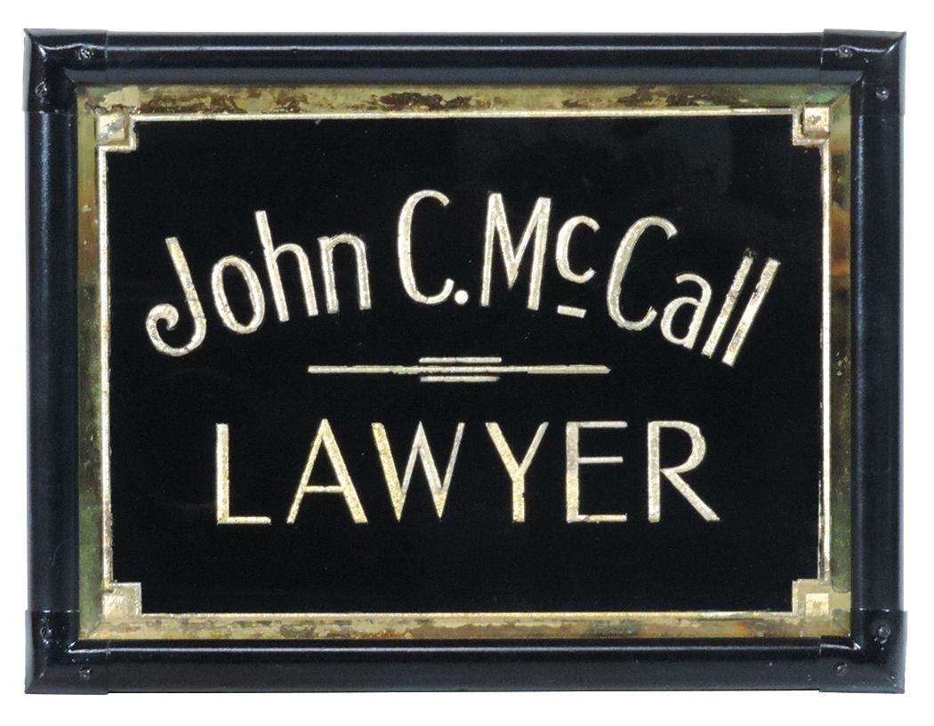 Law office sign, John C. McCall Lawyer, glass w/gold: Law office sign, John C. McCall Lawyer, glass w/gold leaf in wood frame, minor discoloring on border, o/wise Exc cond, 12"H x 16"W.