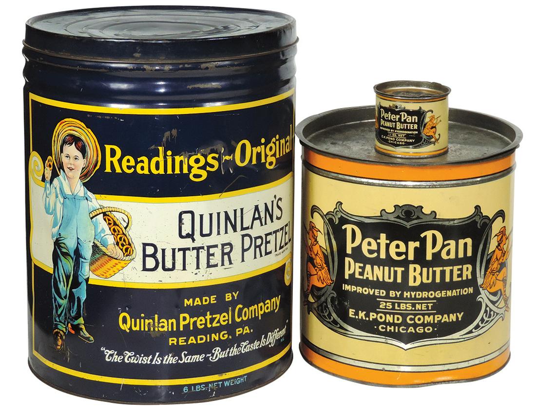 Country store adv tins (3), 2 Peter Pan Peanut Butter,: Country store adv tins (3), 2 Peter Pan Peanut Butter, 25 lb & 11 ounce tins & Quinlan's Butter Pretzels, 6 lb tin, all w/lids, VG & Exc cond, 3" to 16"H.