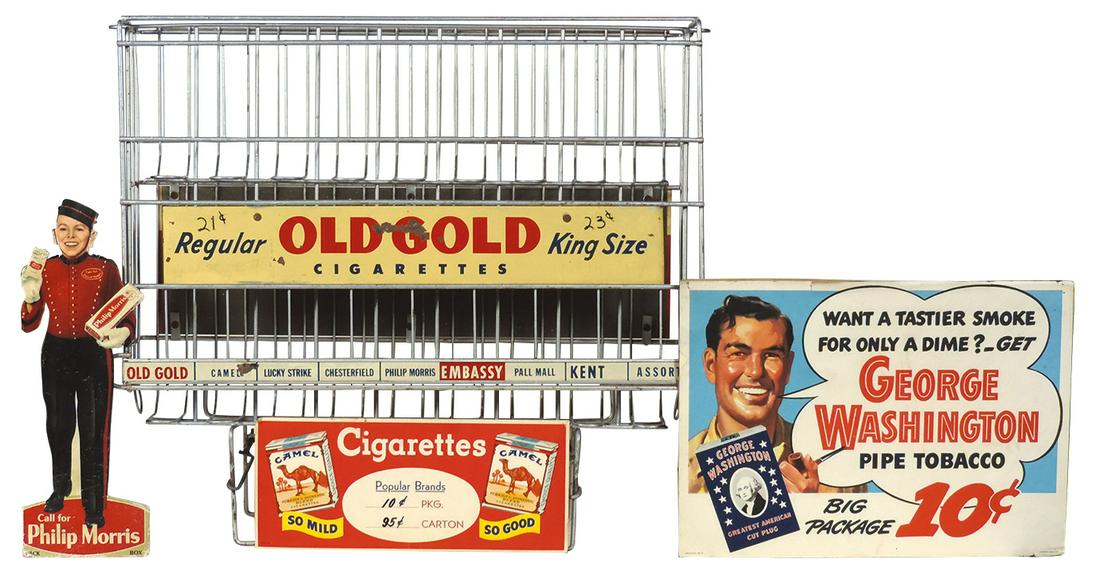 Tobacciana items (4), Old Gold display rack, George: Tobacciana items (4), Old Gold display rack, George Washington, Camel & Philip Morris cdbd signs, all VG cond, rack 20"H x 22"W.