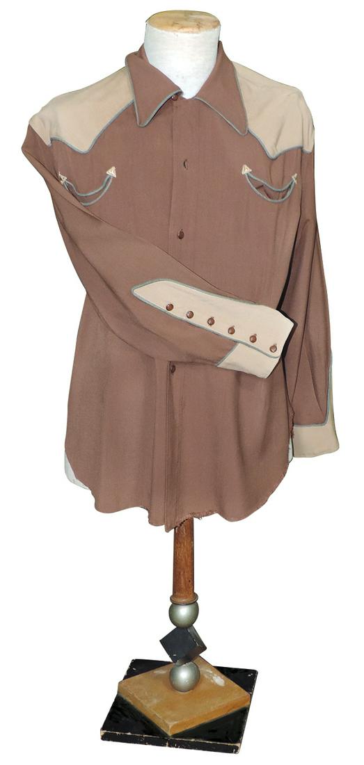 Western wear 2 pocket shirts (2), Don Varado-Los: Western wear 2 pocket shirts (2), Don Varado-Los Angeles, purchased from Bullock's Dude Ranch Shop, rayon & wool two-toned brown & unmarked burgundy No. 8 on back w/pearlized snaps, cotton w/floral em