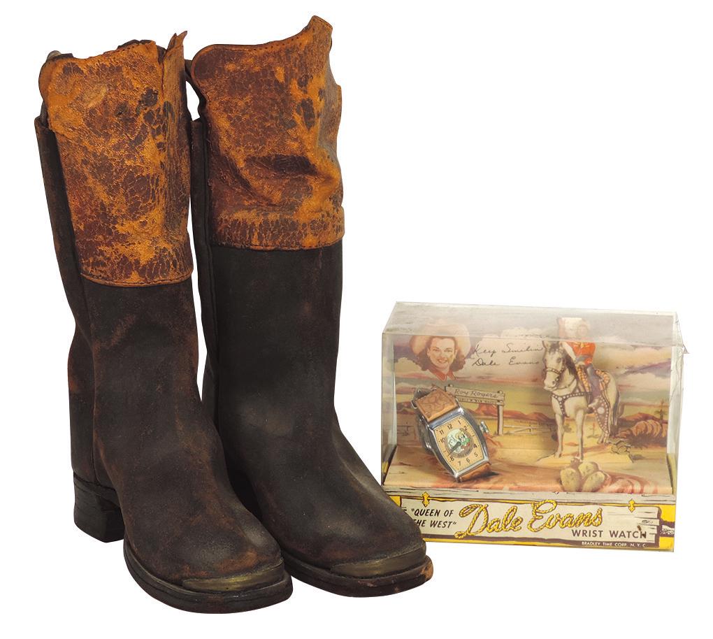 Western child's cowboy boots & Dale Evans wrist watch,: Western child's cowboy boots & Dale Evans wrist watch, boots are early 1900's, two-tone brown leather, VG well-worn cond, size 7, 9.5"H, wrist watch is NOS by Bradley Time Corp.-N.Y.C., c.1950, Exc co