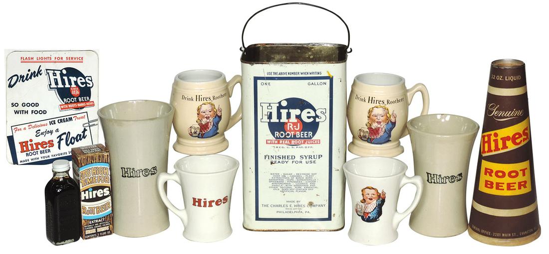 Soda fountain Hires Root Beer items (10), syrup 1 gal: Soda fountain Hires Root Beer items (10), syrup 1 gal tin, 2 tall old stoneware mugs, 4 newer shorter mugs, bottle of Hires extract, megaphone & drive-in order number car card, all in VG & Exc cond, 4