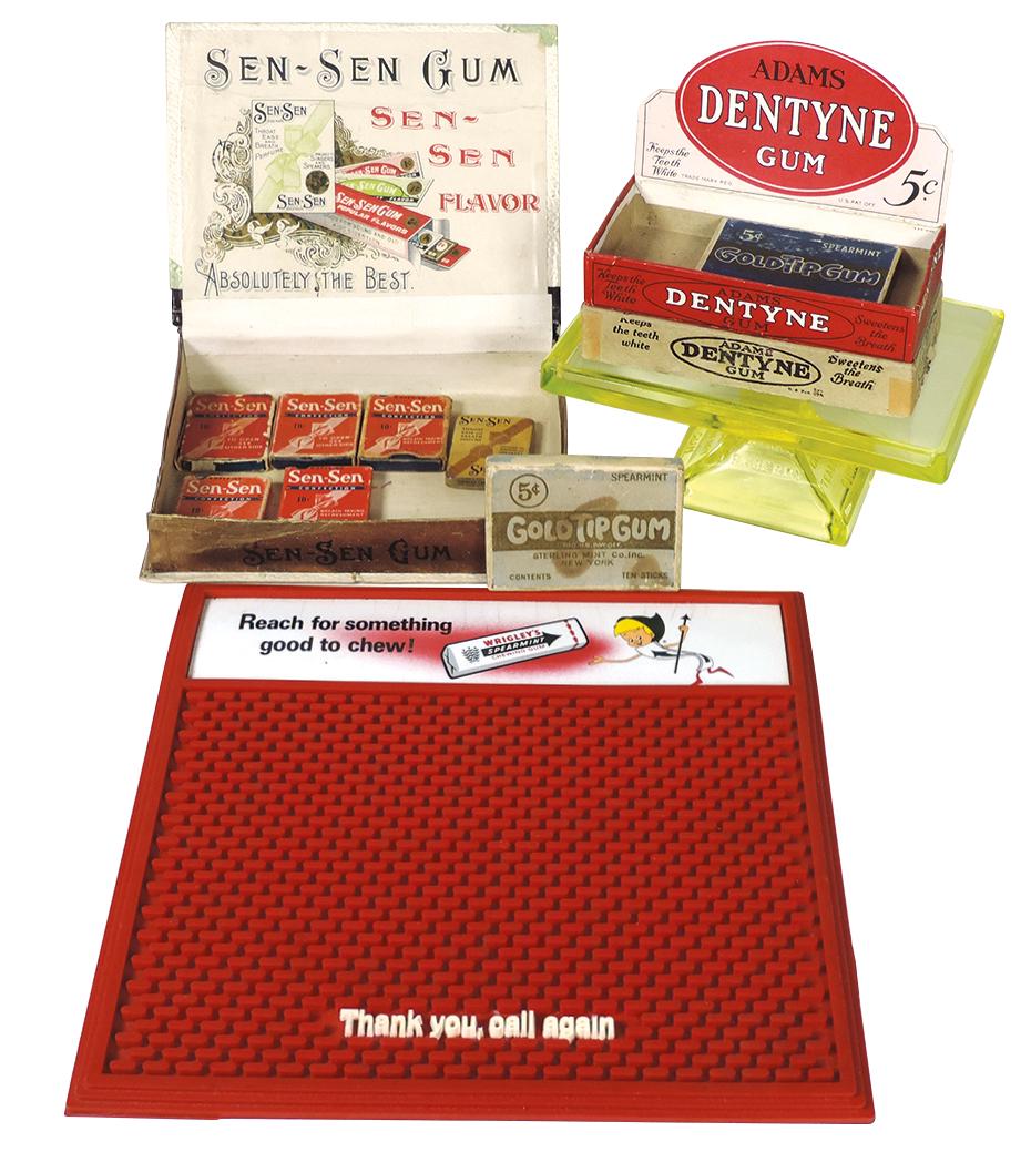 Chewing gum displays & boxes (12), Wrigley's Spearmint: Chewing gum displays & boxes (12), Wrigley's Spearmint counter pad, Sen-Sen box w/6 10 Cent packages, Dentyne display box, 2 Gold Tip Gum boxes & Vaseline glass Teaberry Gum display stand (shallow chi