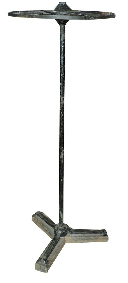 Country store clothing display rack, circular cast iron: Country store clothing display rack, circular cast iron & steel, 3 legs mounted on wood for stability, VG orig cond, 70"H x 26"Dia.