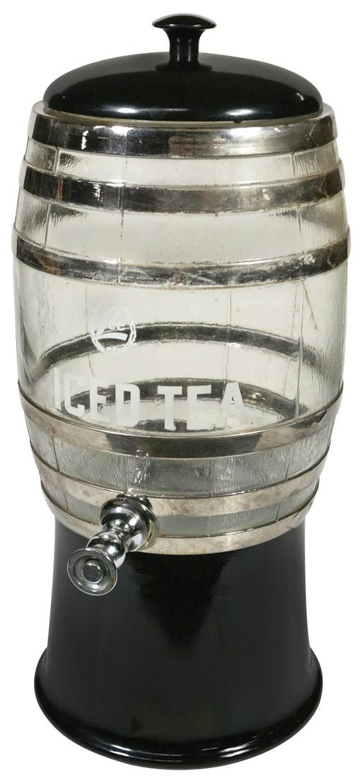 Soda fountain iced tea dispenser, Lee, black amethyst: Soda fountain iced tea dispenser, Lee, black amethyst base w/textured glass keg & Bakelite lid, Exc cond, 19"H.