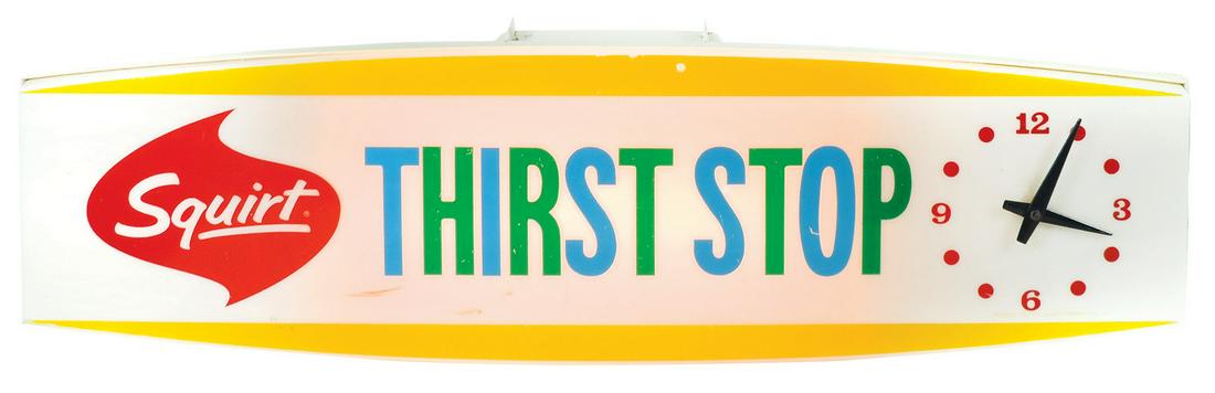 Soda fountain light-up sign w/clock, Squirt "Thirst: Soda fountain light-up sign w/clock, Squirt "Thirst Stop", molded plastic, dated 1967, VG working cond w/some age cracks & scratches, 10"H x 36"W.