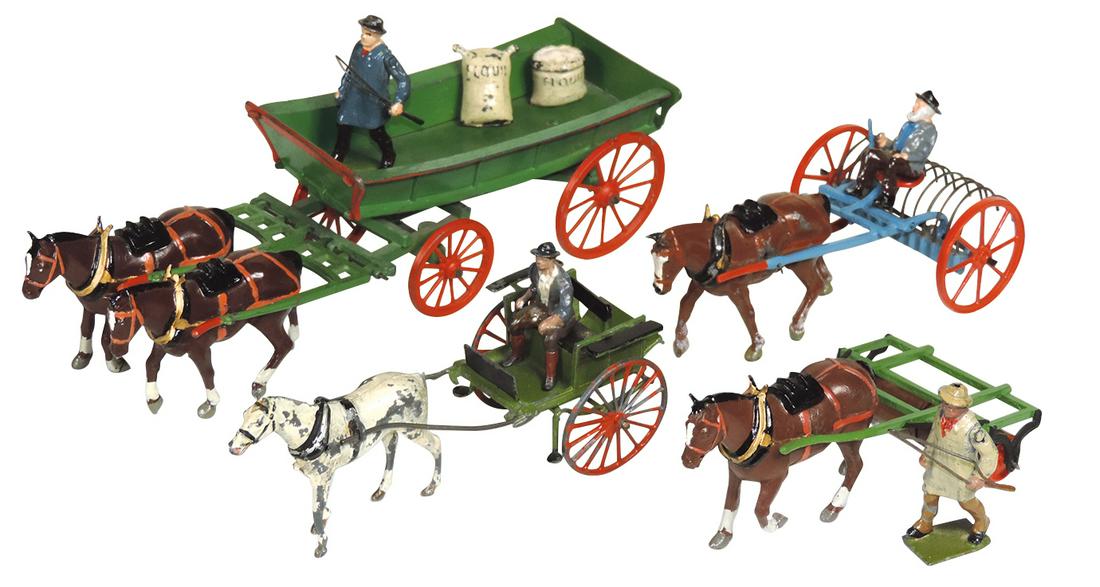 Britains lead figures, horse-drawn implements, No. 8F: Britains lead figures, horse-drawn implements, No. 8F horse rack, No. 9F horse roller, No. 5F farm wagon & No. 20F farmers gig, 2 drivers, 2 feedbags & 2 men w/whips, some paint loss on horse pulling 