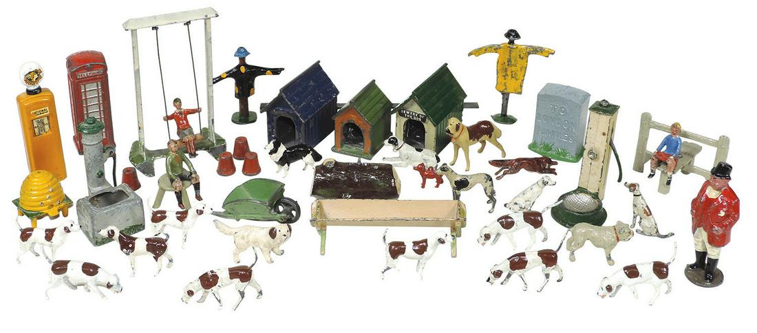 Britains & JOHILLCO lead figures (approx 41), 10: Britains & JOHILLCO lead figures (approx 41), 10 hunting hounds, fox & huntsman, 9 addl dogs, 3 dog houses, 2 scarecrows, bench, 2 troughs, 2 hand pumps, telephone booth, gasoline pump, wheel barrow, 