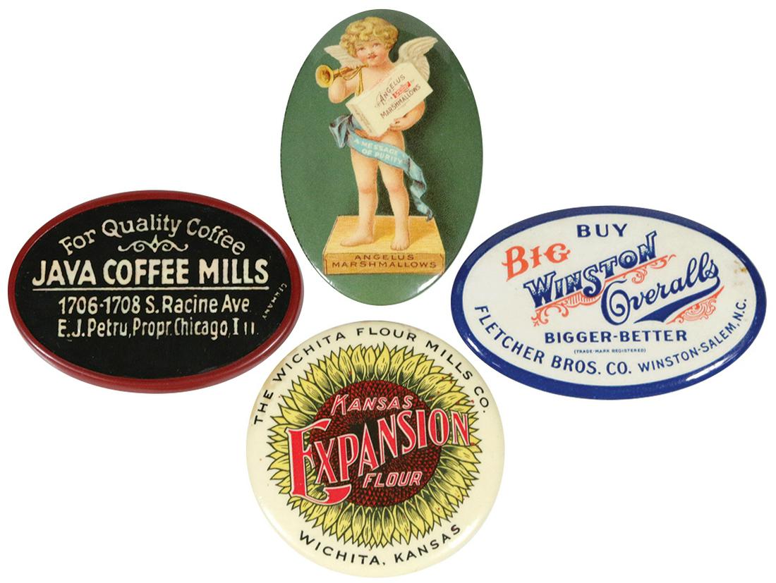 Advertising pocket mirrors & whetstone (4), Angelus: Advertising pocket mirrors & whetstone (4), Angelus Marshmallows, Kansas Expansion Flour-Wichita, Kansas, Java Coffee Mills-Chicago & Big Winston Overalls, all celluloid, all Exc cond, up to 3"H x 1.7