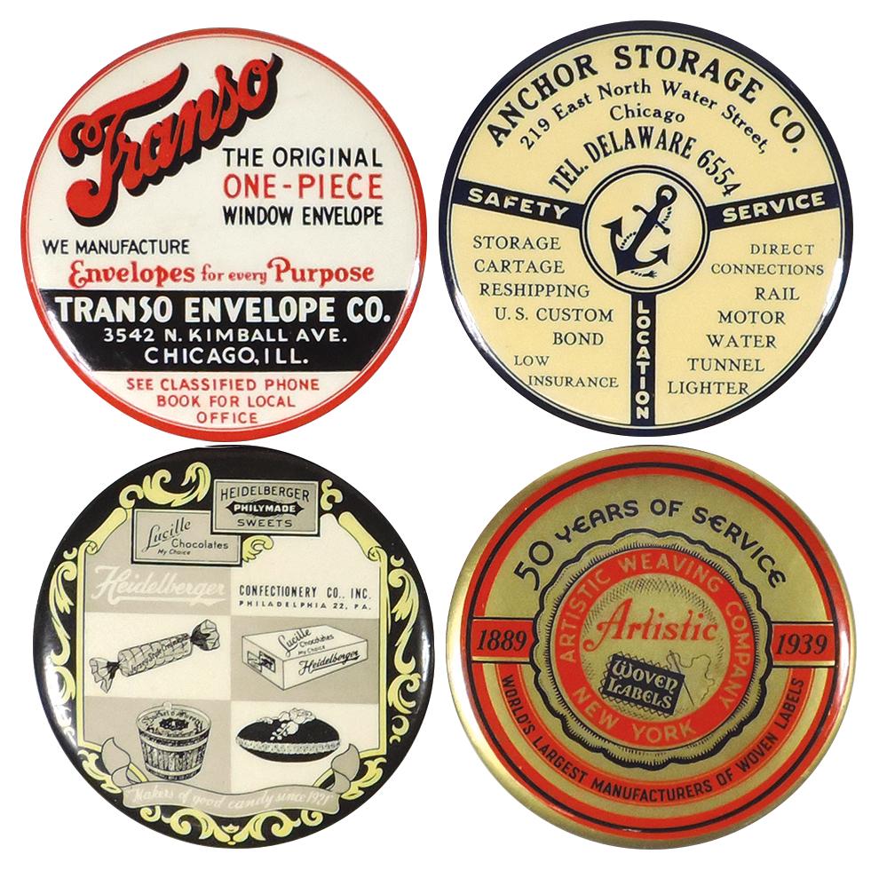 Advertising pocket mirrors (4), Anchor Storage: Advertising pocket mirrors (4), Anchor Storage Co.-Chicago, Artistic Weaving Company-New York, Transo Envelope Co.-Chicago & Heidelberger Sweets, 2 marked Parisian Novelty Co.-Chicago, all Exc cond, u