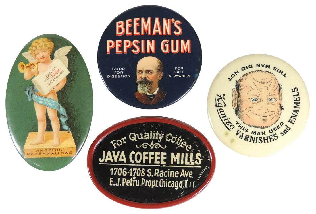 Advertising pocket mirrors (4), Beeman's Pepsin Gum,: Advertising pocket mirrors (4), Beeman's Pepsin Gum, Angelus Marshmallows, Java Coffee Mills & Kyanize Varnishes and Enamels, all celluloid w/mirrored backs, all VG & Exc cond, up to 3"H x 1.75"W.