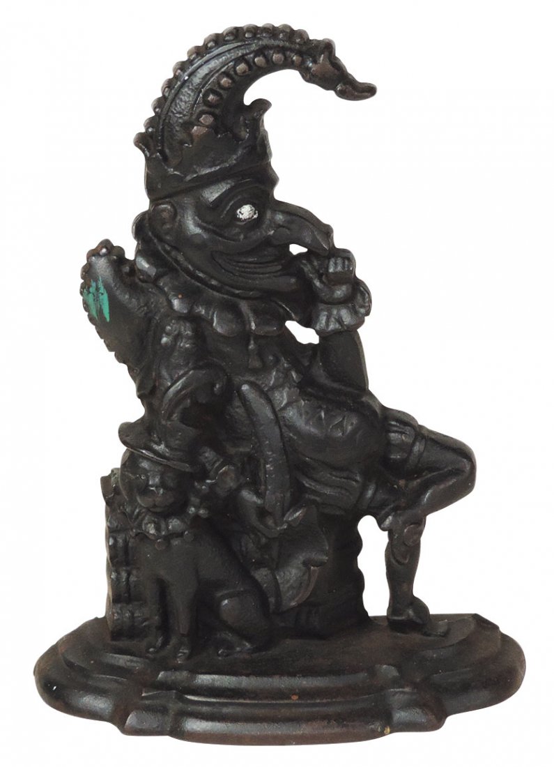 Cast iron doorstop, Punch w/dog Toby, c.1880: Cast iron doorstop, Punch w/dog Toby, c.1880's, Exc cond w/old black paint, 12"H x 9"W.