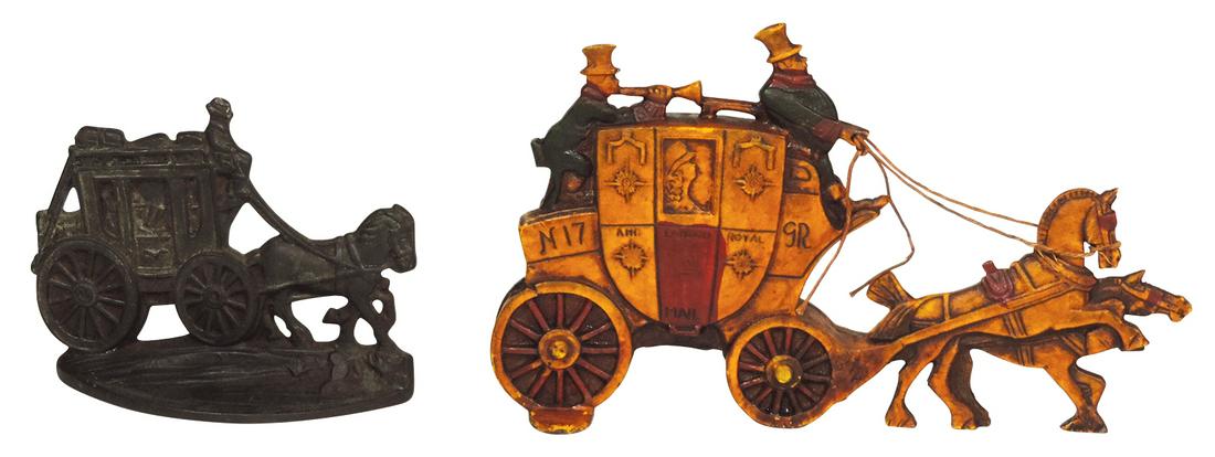 Cast iron doorstops (2), American Stage Coach Co. 1849: Cast iron doorstops (2), American Stage Coach Co. 1849 & double-sided English Royal Carriage w/orig paint, both Exc cond, 5.5"H x 7"L & 7.5"H x 12.25"L.