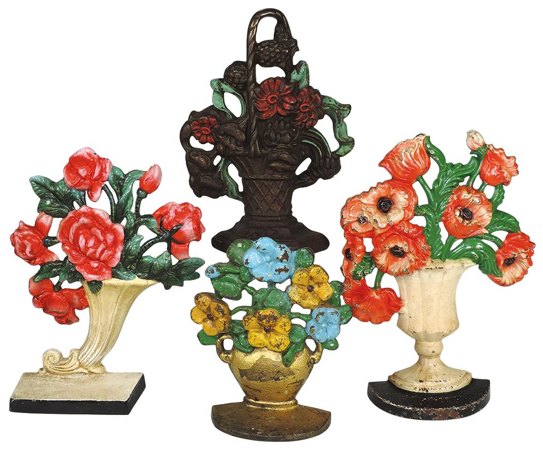 Cast iron door stops (4), painted floral bouquets,: Cast iron door stops (4), painted floral bouquets, roses marked "Hubley", VG to Exc w/orig paint, 7" to 11"H.