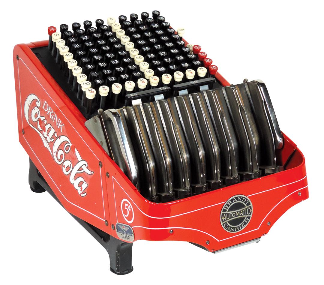 Cash register, Brandt Automatic Cashier, cast aluminum: Cash register, Brandt Automatic Cashier, cast aluminum & cast iron, invented to dispense correct amount of change quickly for those paying cash, older restoration revamped w/Coca-Cola motif, VG workin