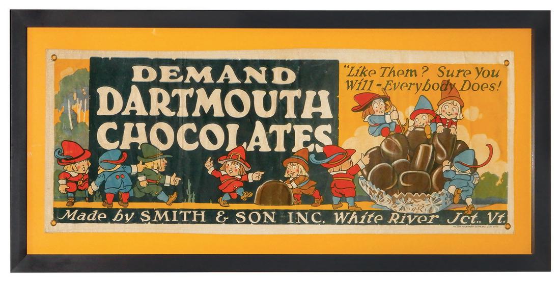 Candy store sign, "Dartmouth Chocolates" Made by Smith: Candy store sign, "Dartmouth Chocolates" Made by Smith & Son-White River Junction, VT, colorful canvas banner by The John-Ingelstrom Co.-Massillon, OH, VG+ Prof matted & framed w/minor fold lines, 23.