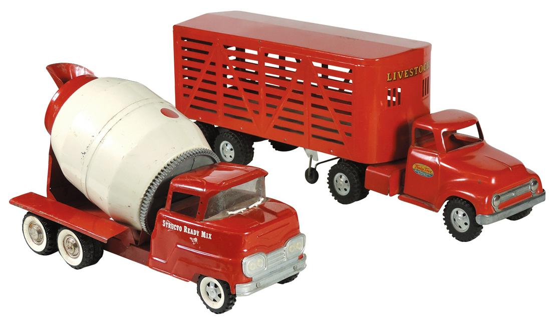 Toys (2), Tonka Toys Livestock truck & trailer, pressed: Toys (2), Tonka Toys Livestock truck & trailer, pressed steel w/wooden bottom in trailer, orig decals on truck doors, c.1950's, Exc cond w/small spots of loss, 24"L & Structo Ready Mix cement truck, p