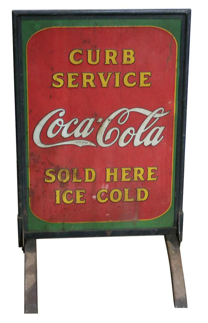 Coca-Cola Curb Service sign, double-sided embossed: Coca-Cola Curb Service sign, double-sided embossed metal, one side Good+, other Fair, 32"H x 20"W.