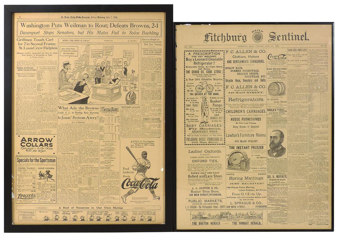 Framed newspaper sheets (2), St. Louis Daily: Framed newspaper sheets (2), St. Louis Daily Globe-Democrat July 7, 1918 & Fitchburg Daily Sentinel July 20, 1893, both w/Coca-Cola ads, both Exc cond, 23.5"H x 18.5"W.