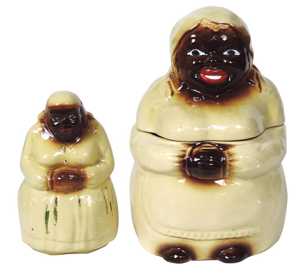 Black Americana (2), National Silver Co. Mammy cookie: Black Americana (2), National Silver Co. Mammy cookie jar & string holder, ceramic, some paint loss on string holder, o/wise both Exc cond, 6.75"H x 9.5"W.