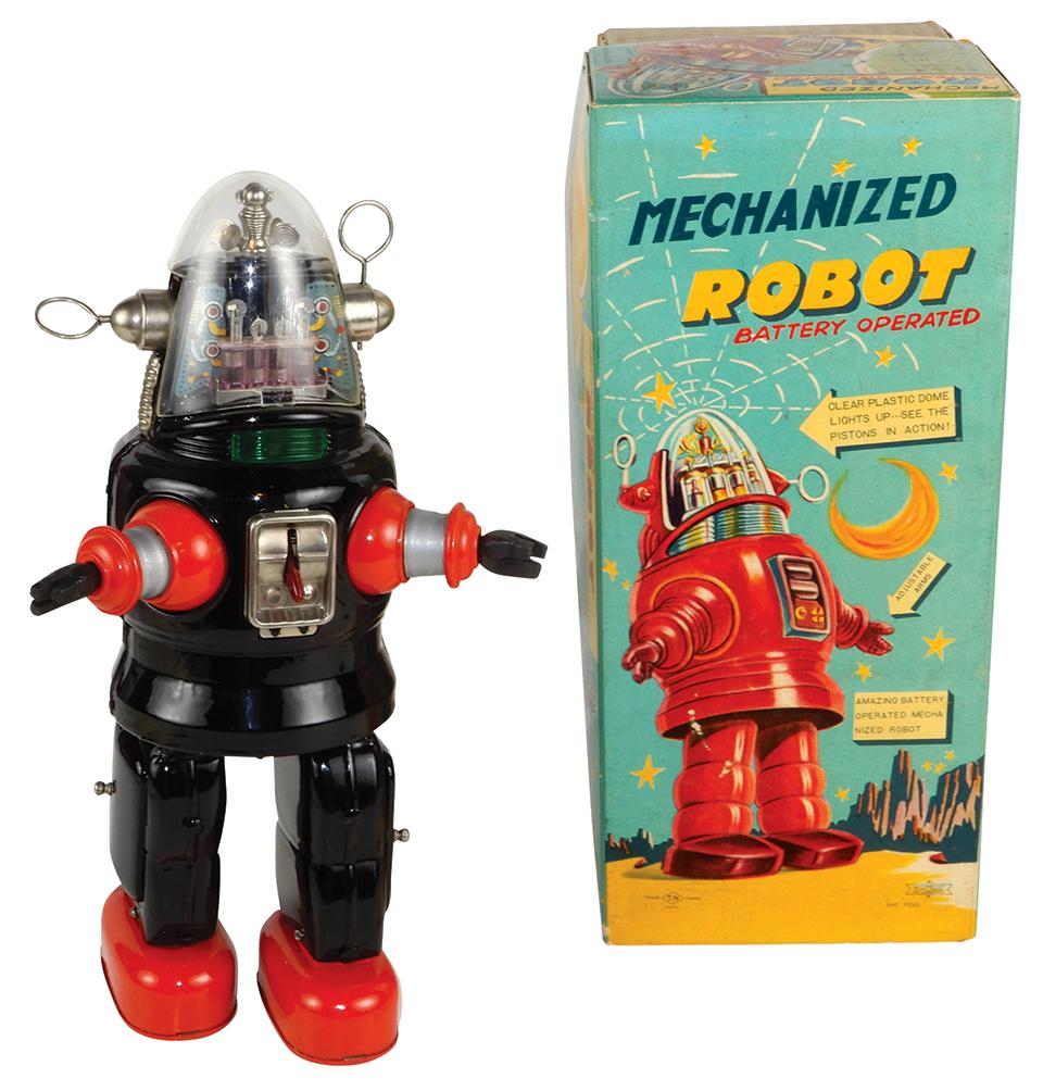 Toy Mechanized Robot in box, battery operated tin, box: Toy Mechanized Robot in box, battery operated tin, box has T.N. Trade Mark-Japan, designed after "Robby The Robot" from the classic 1926 Sci-Fi film "Forbidden Planet", robot walks in circles, dome li