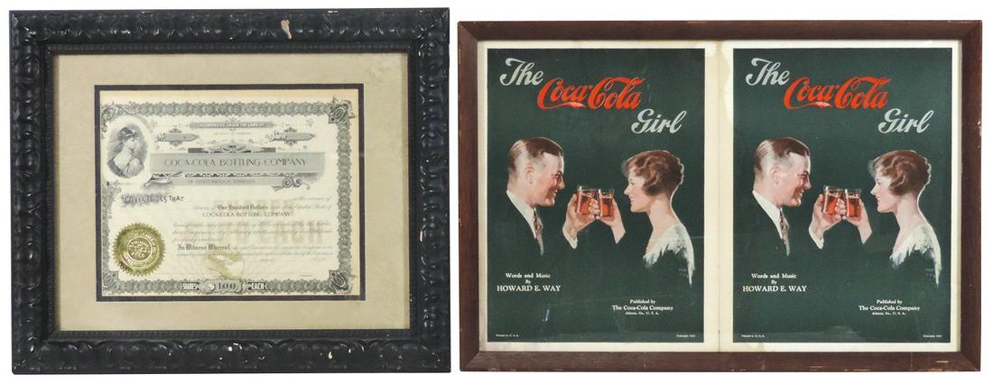 Coca-Cola Bottling Company NOS stock certificate, 100: Coca-Cola Bottling Company NOS stock certificate, 100 shares, c.1889-Chattanooga, Tenn seal, Exc cond, 14"H x 16.5"W & "The Coca-Cola Girl" sheet music dated 1927, VG cond, framed 13.5"H x 20"W.