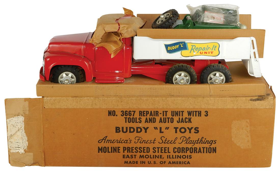 Toy truck, Buddy "L" Repair-It Unit w/3 Tools & Auto: Toy truck, Buddy "L" Repair-It Unit w/3 Tools & Auto Jack, mfgd by Moline Pressed Steel Corp.-East Moline, IL, painted pressed steel, factory flaw on decals, o/wise NOS in VG orig box missing 2 end fl