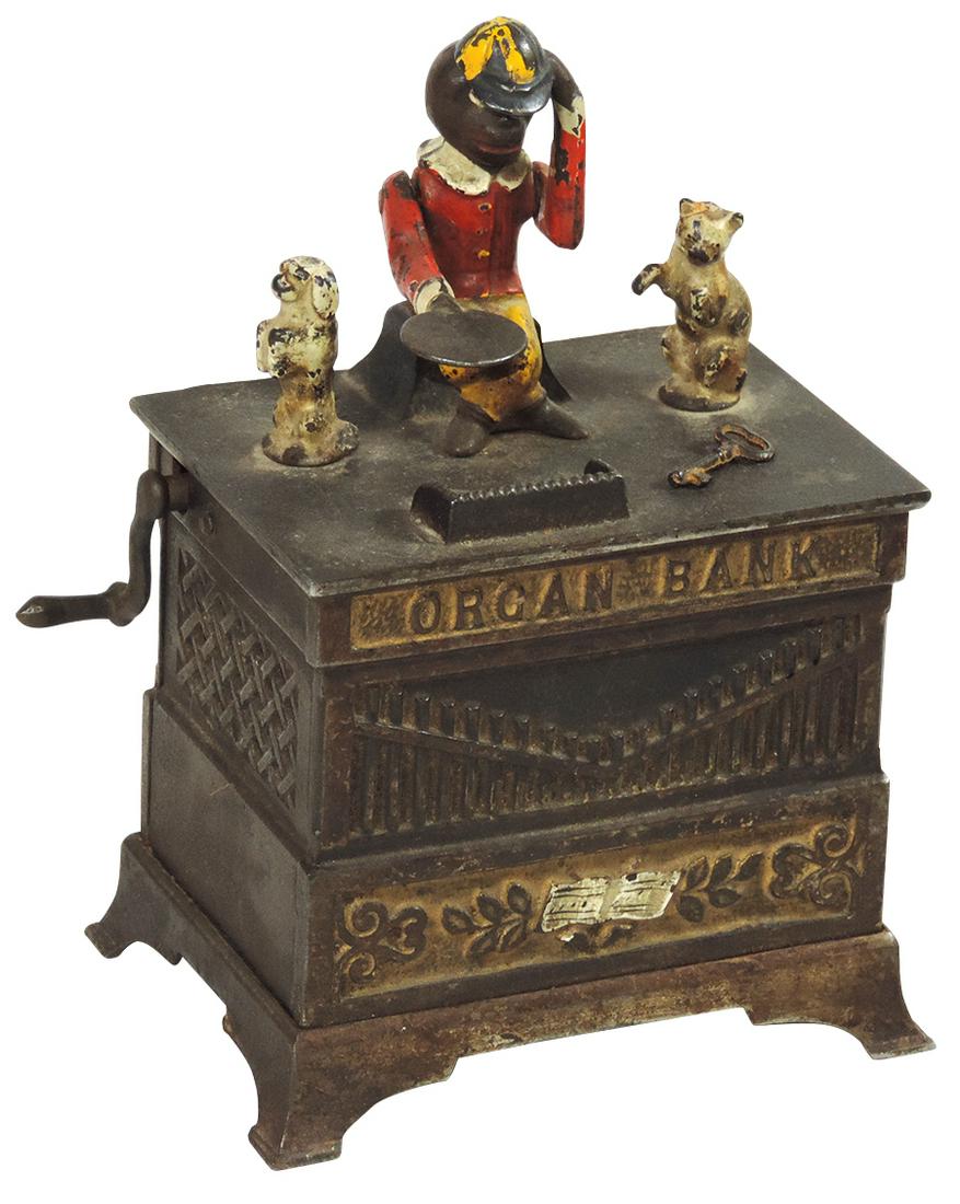 Mechanical bank, "Organ Grinder" Cat and Dog, mfgd by: Mechanical bank, "Organ Grinder" Cat and Dog, mfgd by Kyser & Rex Co.-Frankford, PA, patd June 13, 1882 stamped on back, cast iron w/orig paint, Exc working cond w/minor paint wear, 7"H x 5.75"W w/key